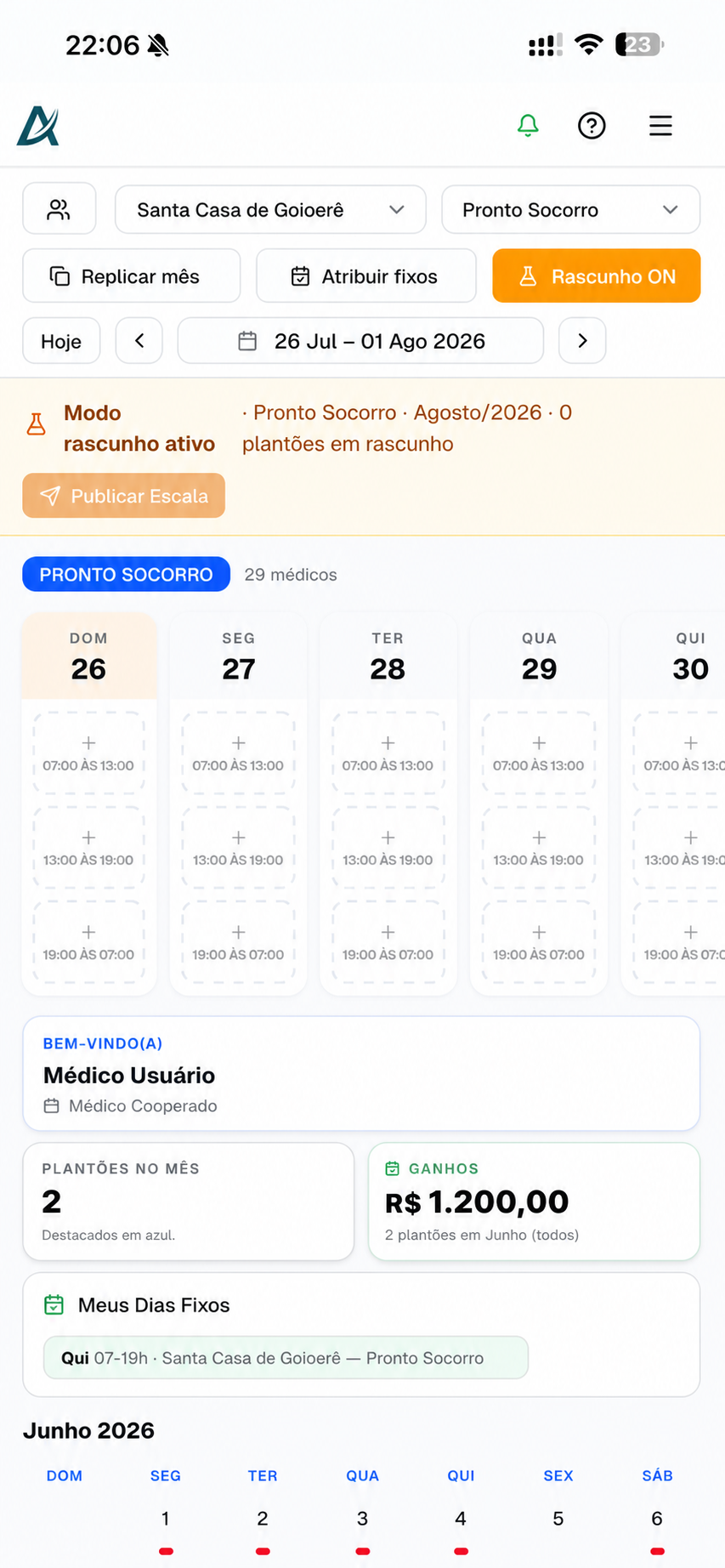 Dashboard do médico no AMPLE Escala